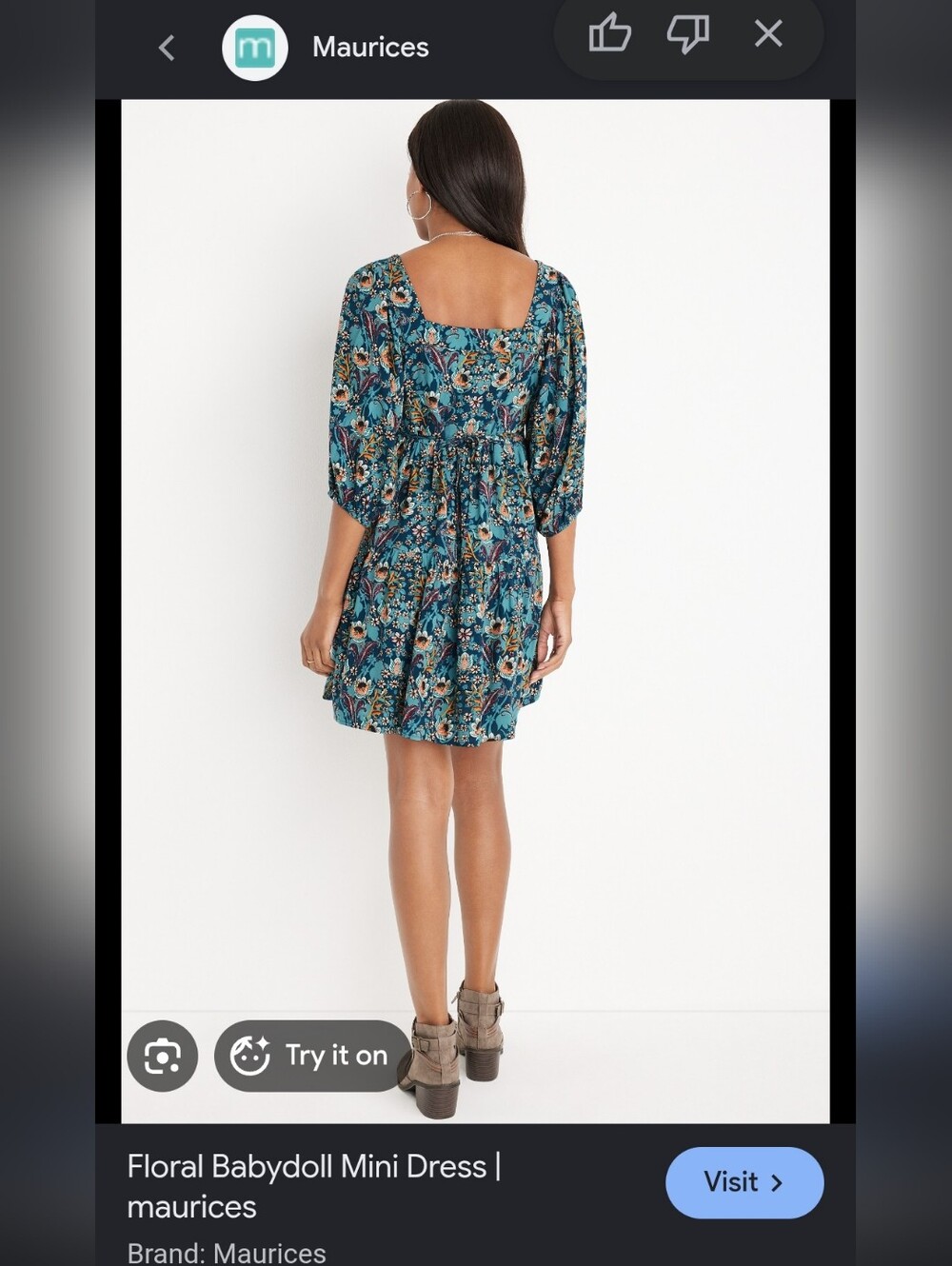 Maurices Teal Floral Square-Back Babydoll Mini Dress Size S